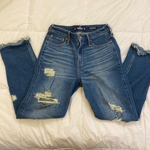 dark blue wash hollister high rise mom jeans with holes